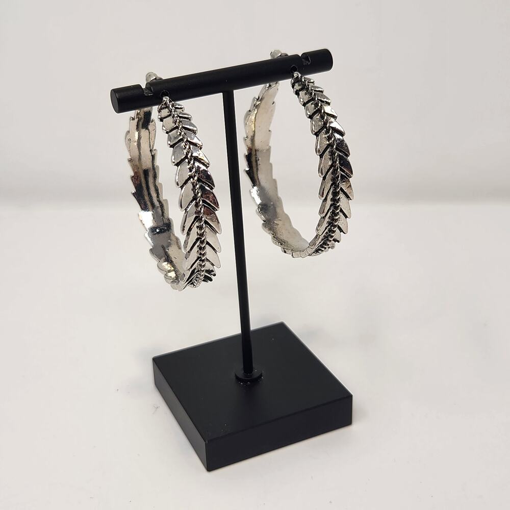 Feather Hoop Silver Tone Metal Large Earrings Oversized Statement Boho Textured